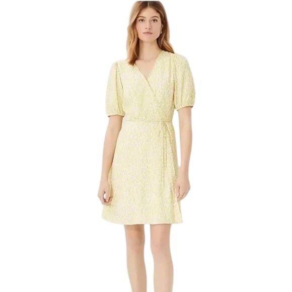 Ann Taylor Dresses & Skirts - Ann Taylor Buttery Yellow Floral Short Puff Sleeve Wrap Dress